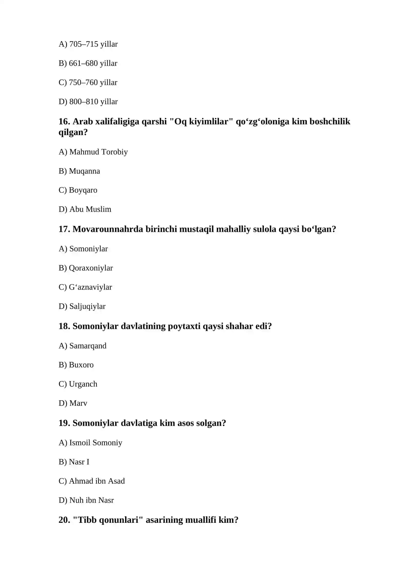 O‘ZBEKISTON TARIXI FANIDAN TEST SAVOLLARI (100 ta savollar javoblar kaliti bilan) 4