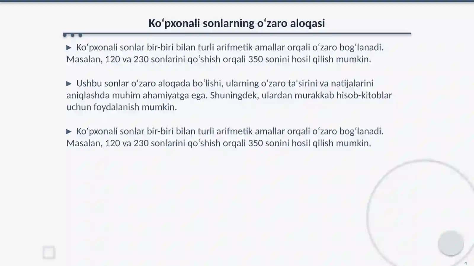 Ko‘pxonali sonlar ustida ishlash va ular ustida arifmetik amallar bajarishni o‘rganish dars ishlanmasi 4