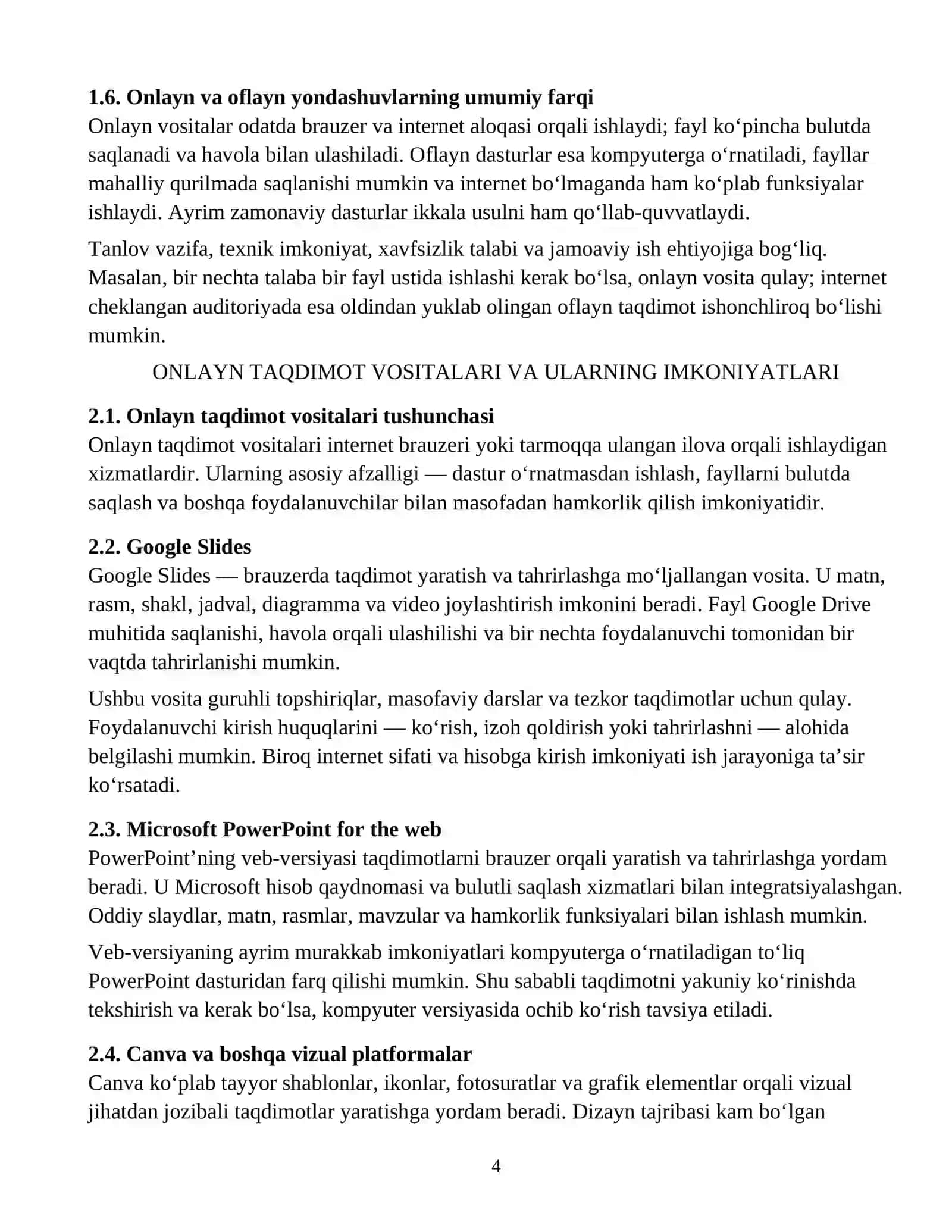 : TAQDIMOT DASTURLARI (PRESENTATION SOFTWARE): ONLAYN VA OFLAYN VOSITALAR YORDAMIDA TAQDIMOTLAR YARATISH 4