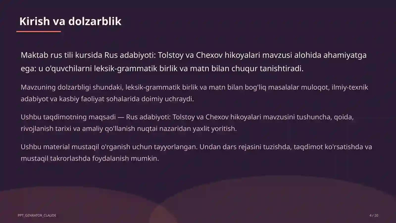 Rus adabiyoti: Tolstoy va Chexov hikoyalari (10-sinf) 4