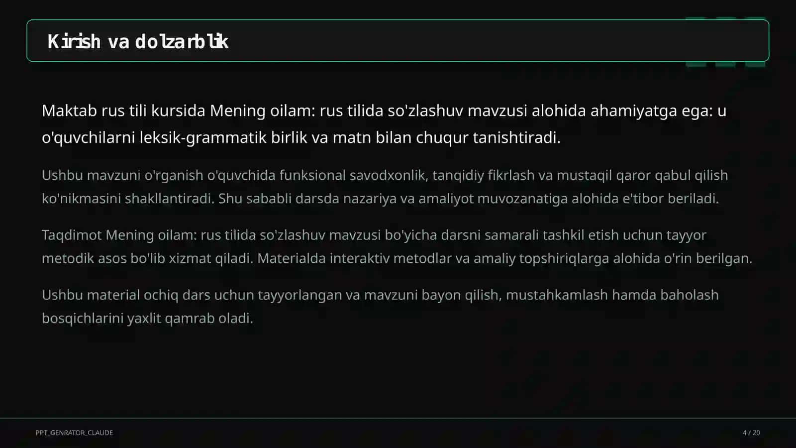 Mening oilam: rus tilida so'zlashuv (3-sinf) 4