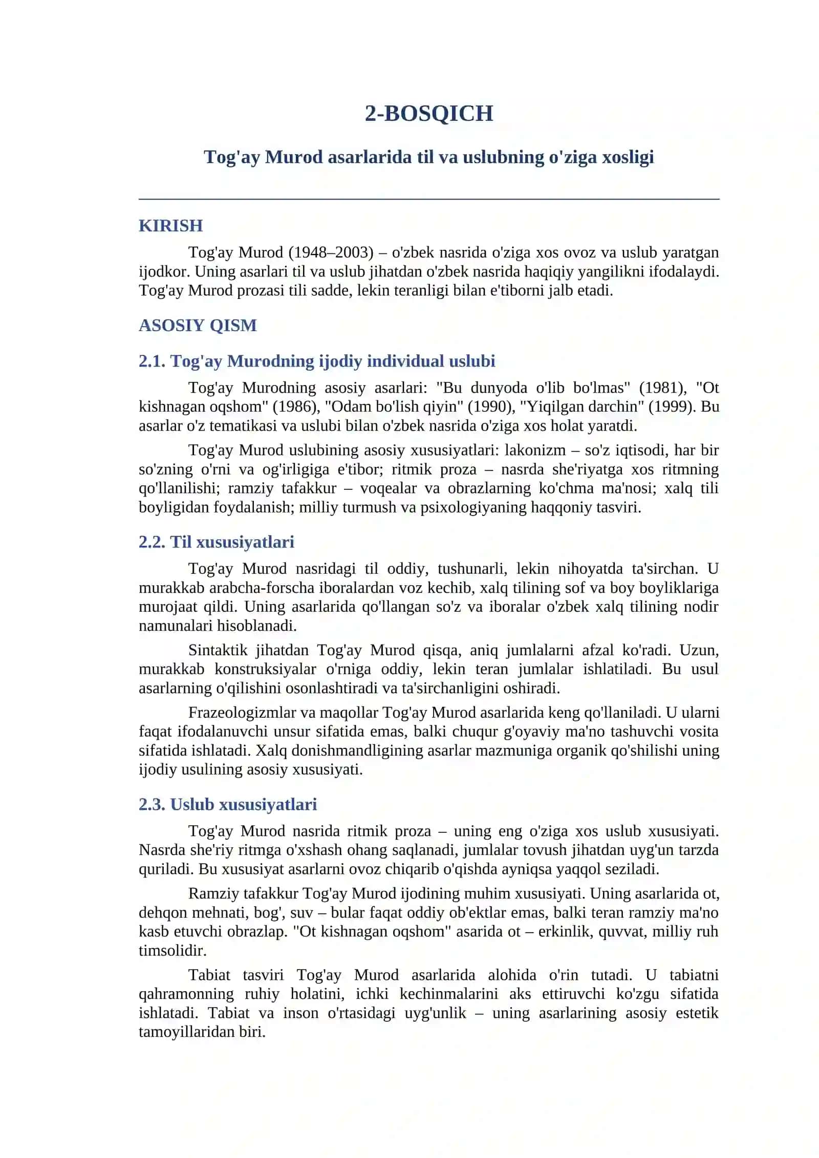 YANGI O'ZBEK ADABIYOTI (6-SEMESTR) 1-MUSTAQIL TA'LIM 8 bosqichda tayyorlangan konspekt — 2-variant 4