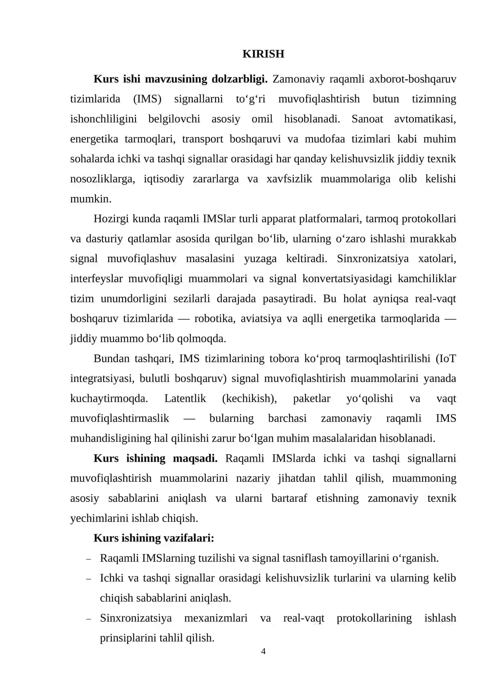 RAQAMLI IMSLARNING ICHKI VA TASHQI SIGNALLARINI MUVOFIQLASHTIRISH MUAMMOLARI KURS ISHI 4