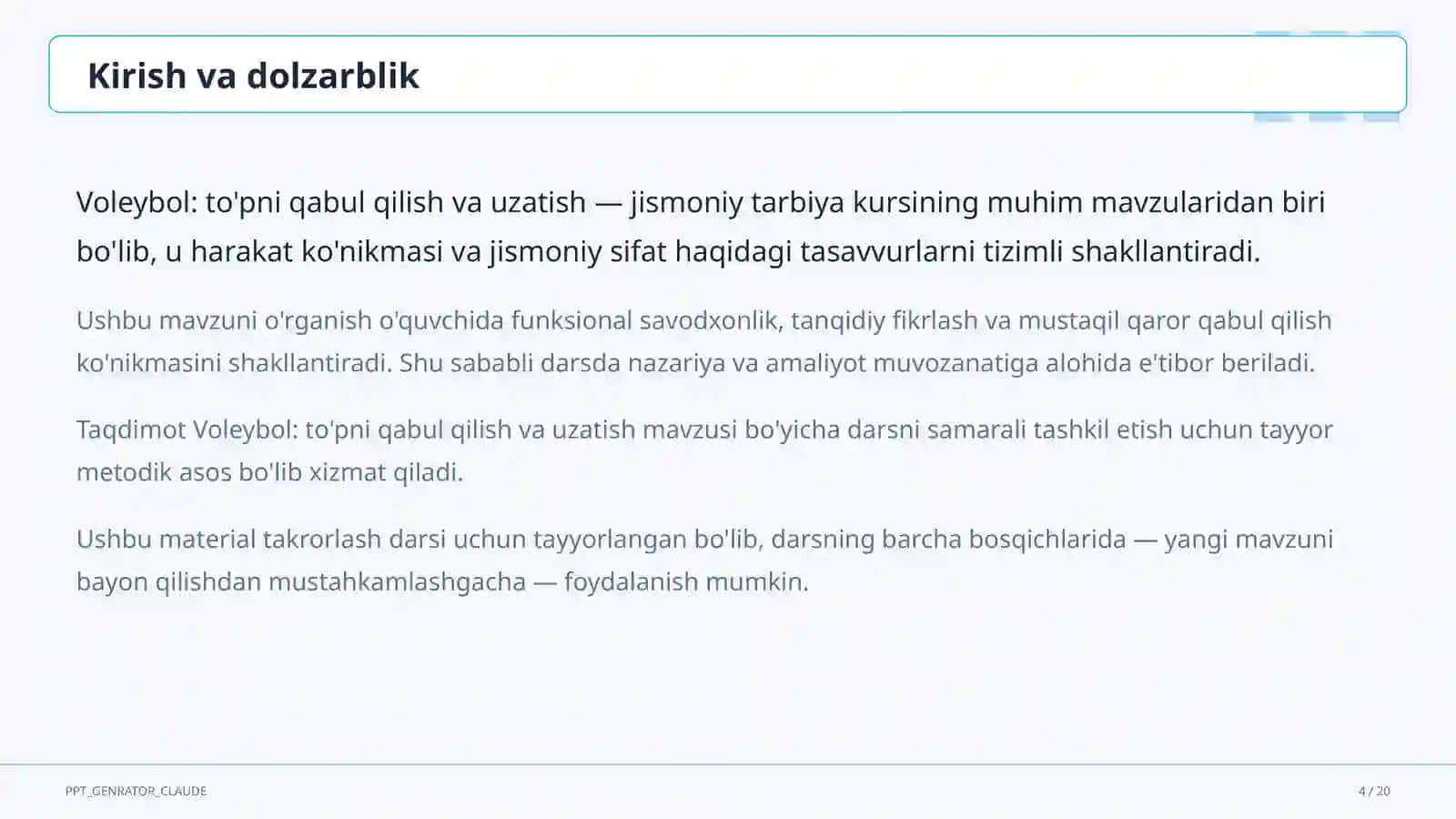 Voleybol: to'pni qabul qilish va uzatish (5-sinf) 4