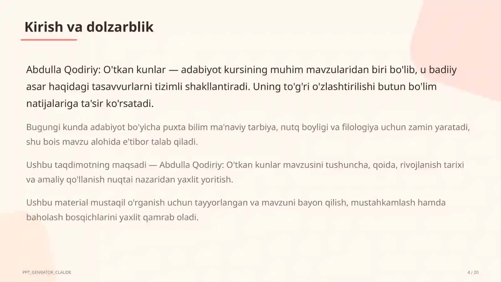 Abdulla Qodiriy: O'tkan kunlar (9-sinf) 4