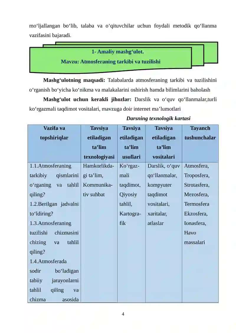“IQLIMSHUNOSLIK VA GIDROLOGIYA” FANIDAN AMALIY MASHG‘ULOTLAR 4