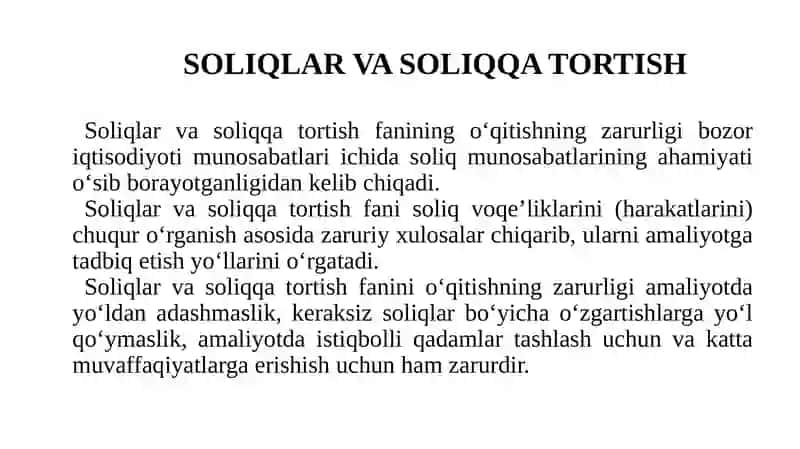 “Soliq va soliqqa tortish” fanining predmeti. Soliqlarning tarixiy shakllanishi. 2026-yil 4
