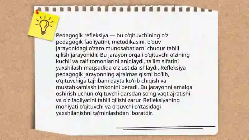 Pedagogik ta’lim jarayonida o‘qituvchining zamonaviy axborot yexnoukituvchining kasbiy pedagogik refleksiya asosida o‘z pedagogik mahorati imkoniyatlarini takomillashtirishi 4