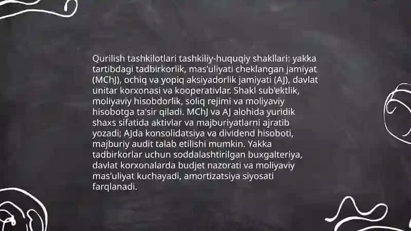 Qurilish tashkilotlarining buxgalteriya hisobi sub’ekti sifatidagi tavsifi va ular faoliyatining tashkiliy-huquqiy asoslari 4