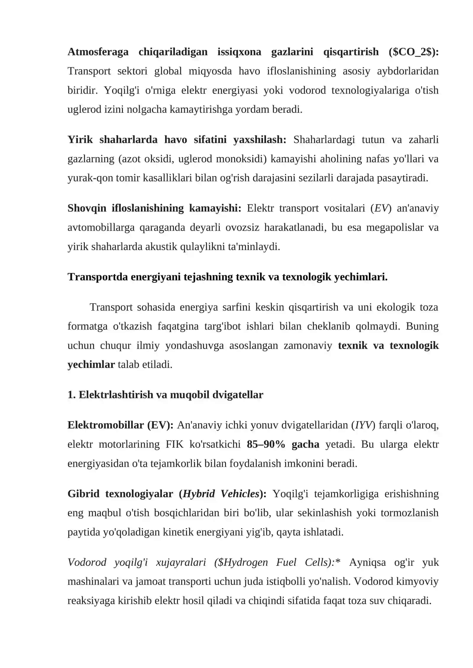 Transportda energosarflarni tejash muammolari va yechimlari 4