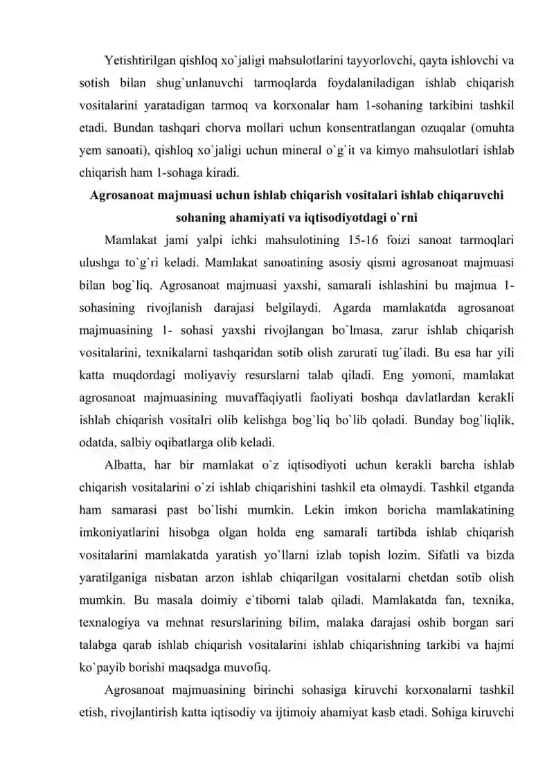 Agrosanoat majmuasi tarmoqlari uchun ishlab chiqarish vositalari ishlab chiqaruvchi sohaning tarkibi 4