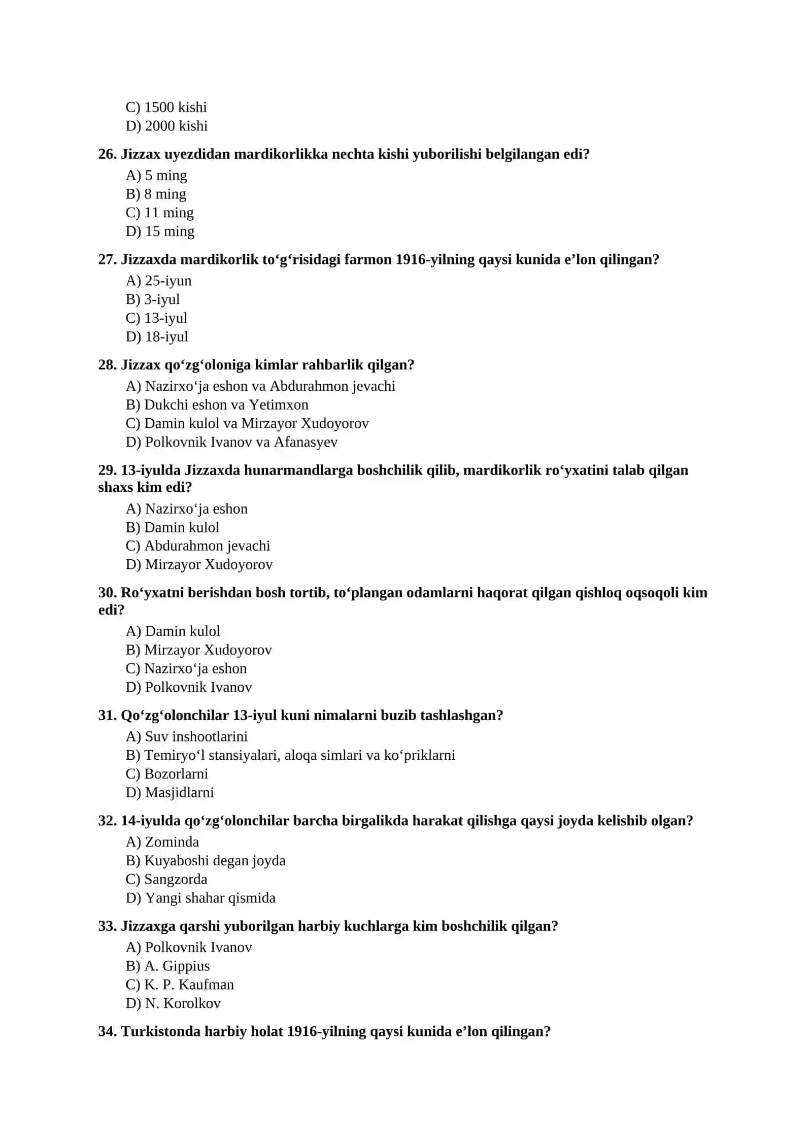 Mavzulashtirilgan testlar| 9-SINF O‘ZBEKISTON TARIXI VII boʻlim 4