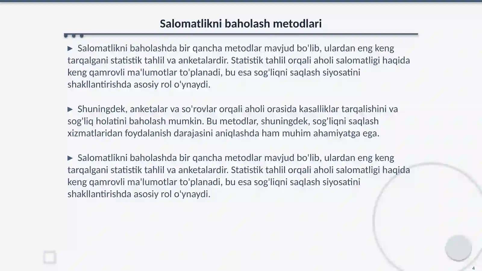 Jamoat salomatligi va sog'liqni tashkil etish moduli 4