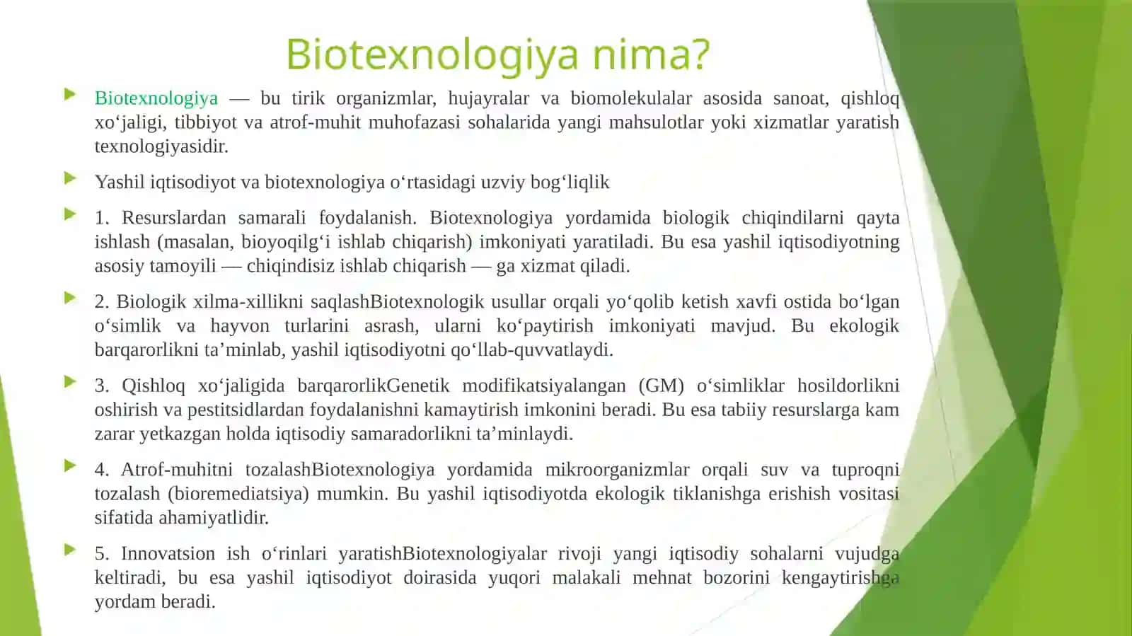 Yashil iqtisodiyot tushunchasining biotexnologiya bilan uzviy bog‘liqligini tahlil qilish 4