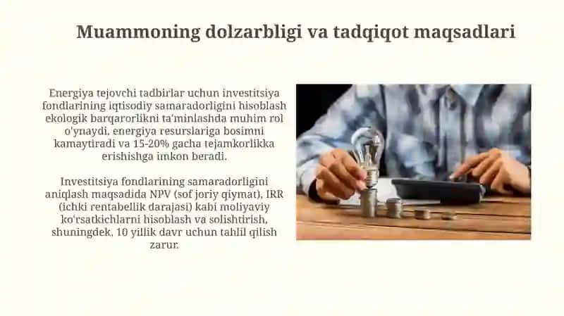 Energiya tejamlovchi tadbirlarga investitsion mablag‘larning iqtisodiy samaradorligini hisoblash 4