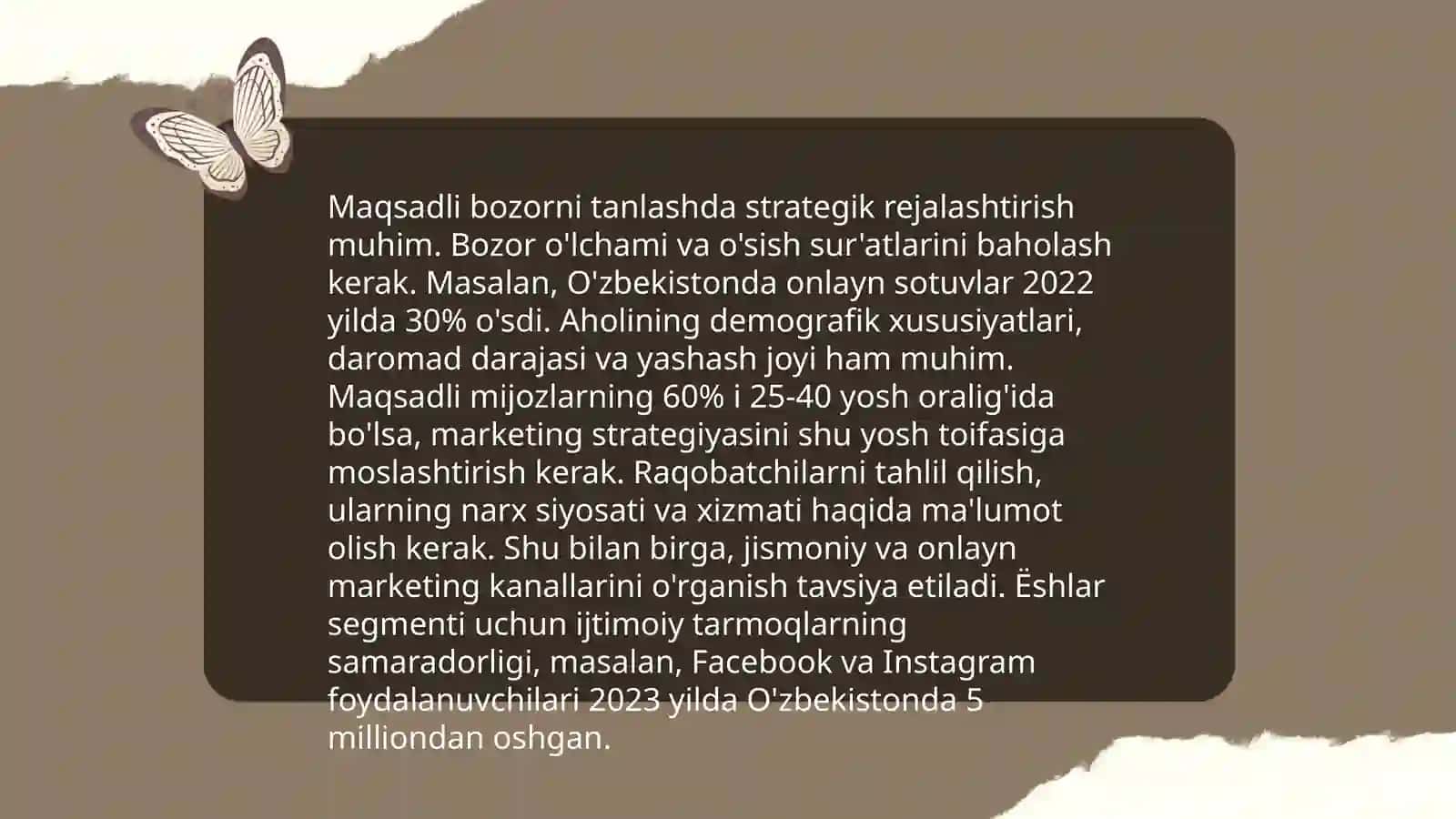 Marketing tamoyillari yordamida bozor va bozor qonunlarini oʻrganish 4
