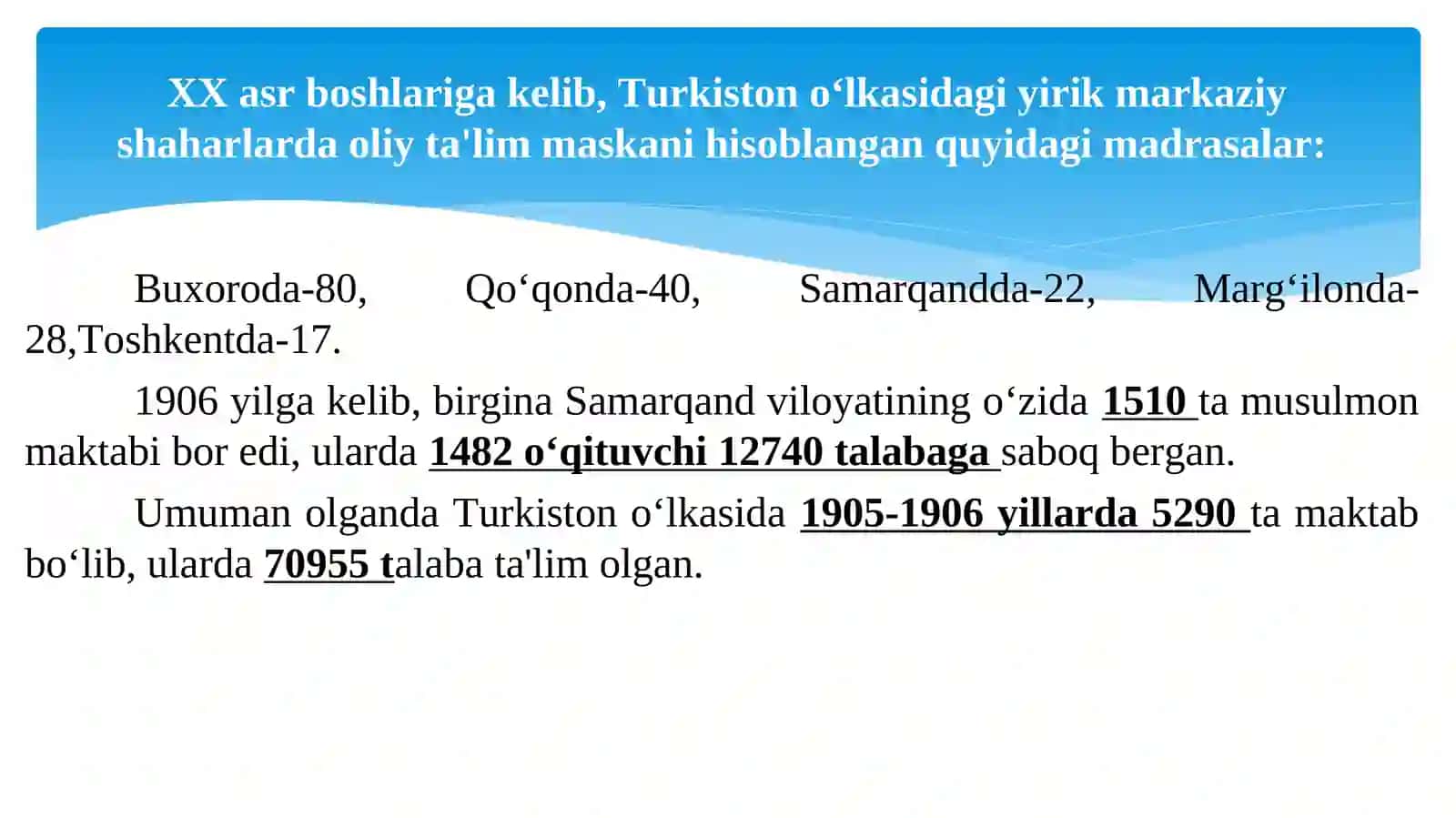 1917-1945 yillarda O‘zbekistonda ta’lim tizimi va pedagogik fikrlar rivoji.1945-1990 yillarda O‘zbekistonda ta’lim tizimi va pedagogika fani rivoji. Mustaqil O‘zbeksiton Respublikasi ta’lim tizimi.Mustaqillik yillarida pedagogik fikrlar rivoji 4