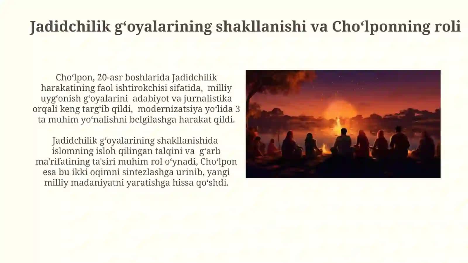 Jadid ma’rifatparvarlarining o’lka ijtimoiy-ma’naviy hayotida tutgan o’rni. Cho’lpon 4