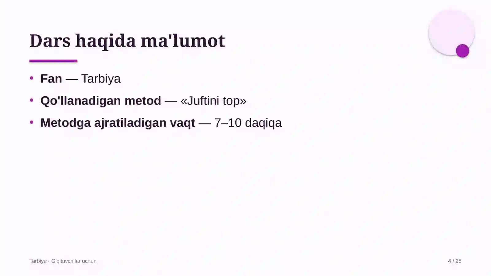 tarbiya darslarida juftini top metodidan foydalanish 3070 4