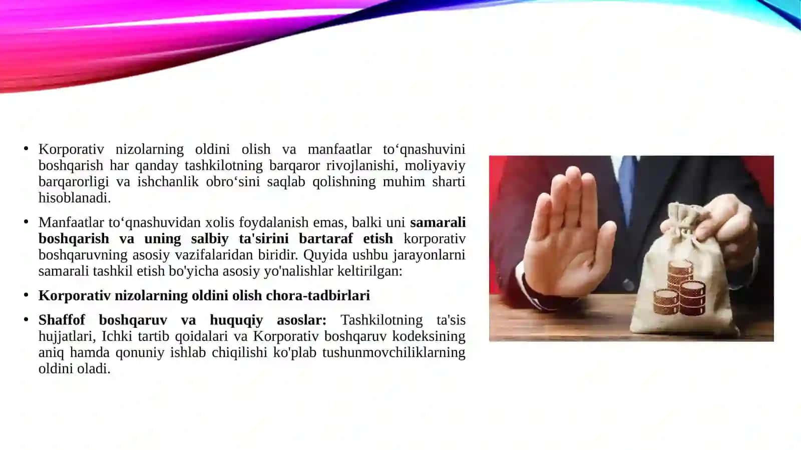 Korporativ nizolarni oldini olish va manfatlar to‘qnashuvuni samarali foydalanish 4