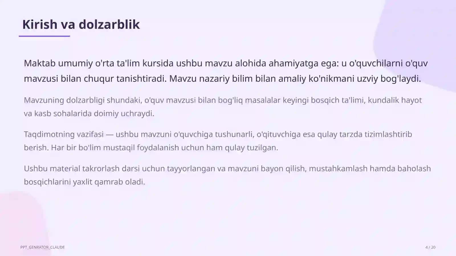 Dolzarb mavzular — maktab va o'qituvchilar (2026) — takrorlash darsi uchun 4