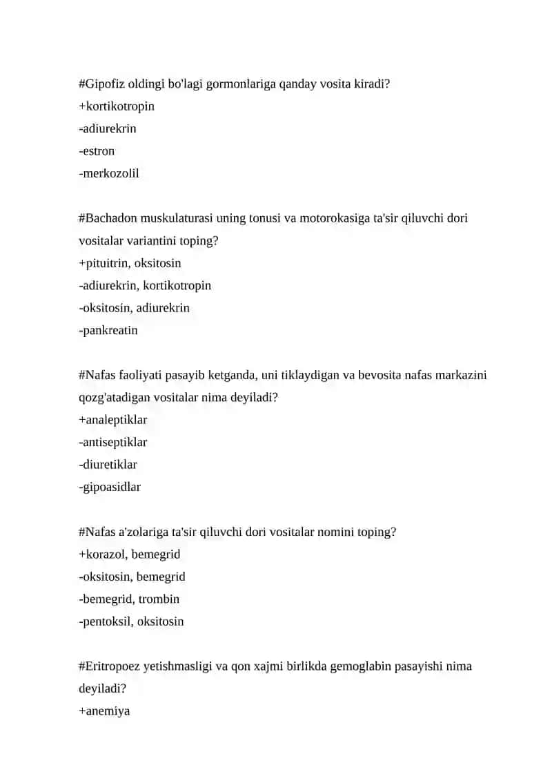Farmakologiya fanidan 500 talik test, javoblari bilan 4