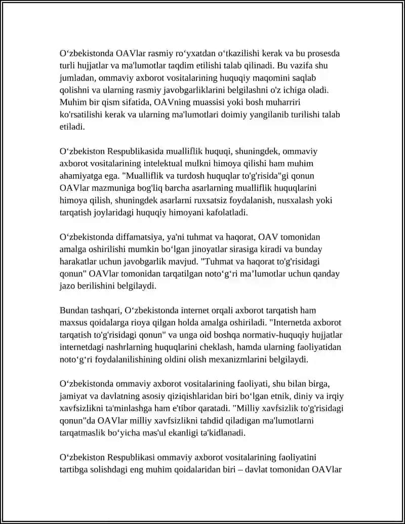 O‘ZBEKISTON RESPUBLIKASIDA OMMAVIY AXBOROT VOSITALARINING FAOLIYATI 4