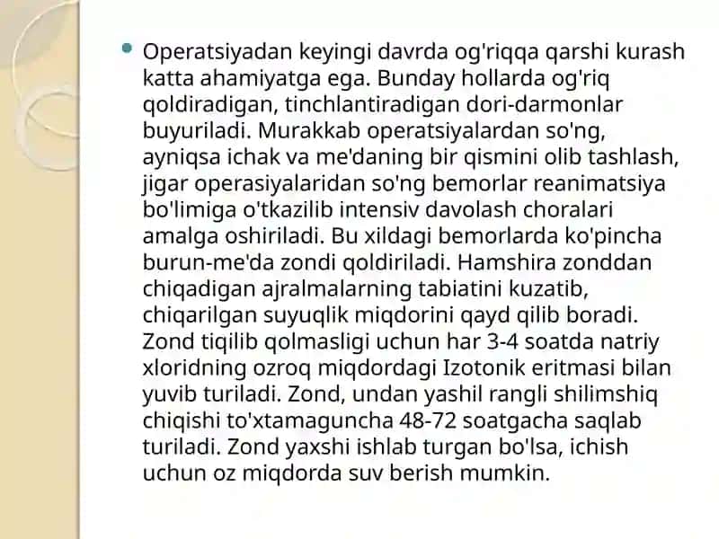 OG`IR XIRURGIK BEMORLARDA KIYIM-KECHAK, OQLIKLARNI ALMASHTIRISH. YOTOQYARALARP ROFILAKTIKASI. 4