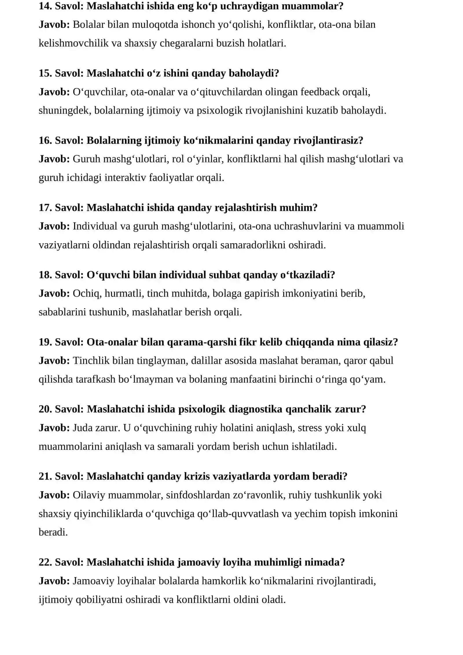 MAKTAB MASLAHATCHISI SUHBAT SAVOLLARI VA JAVOBLARI 4