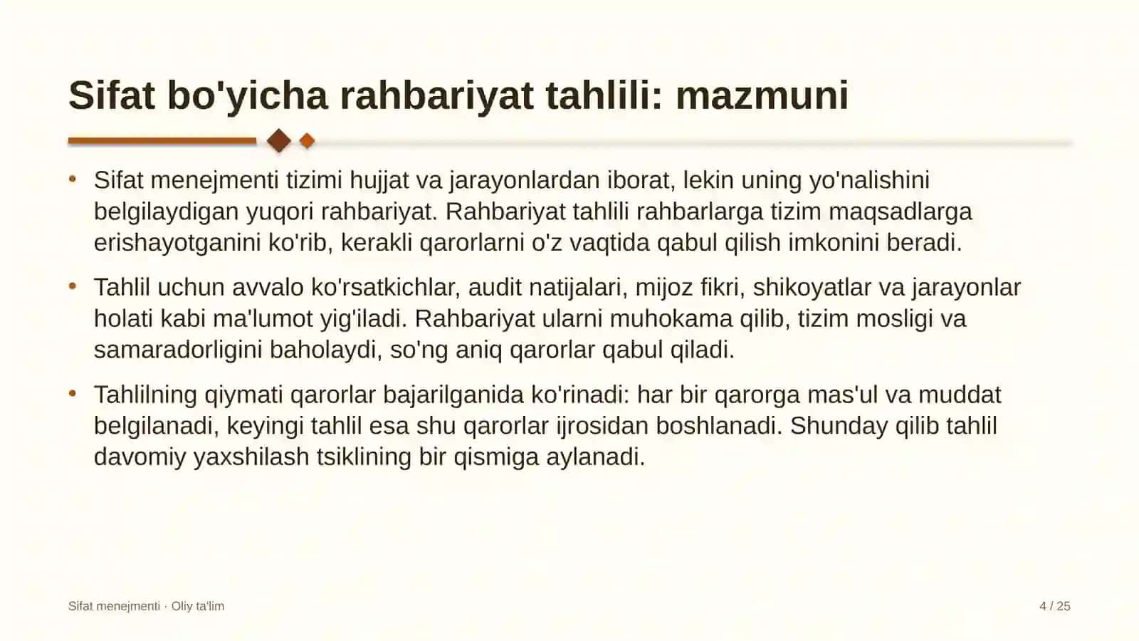 tashqi savdoda sifat bo'yicha rahbariyat tahlilini o'tkazish 2230 4