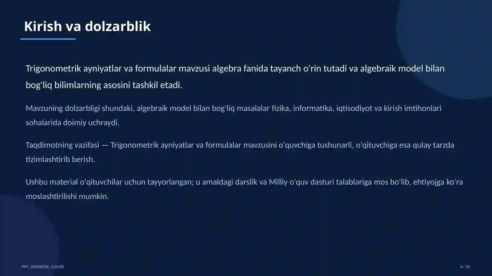 Trigonometrik ayniyatlar va formulalar (10-sinf) 4