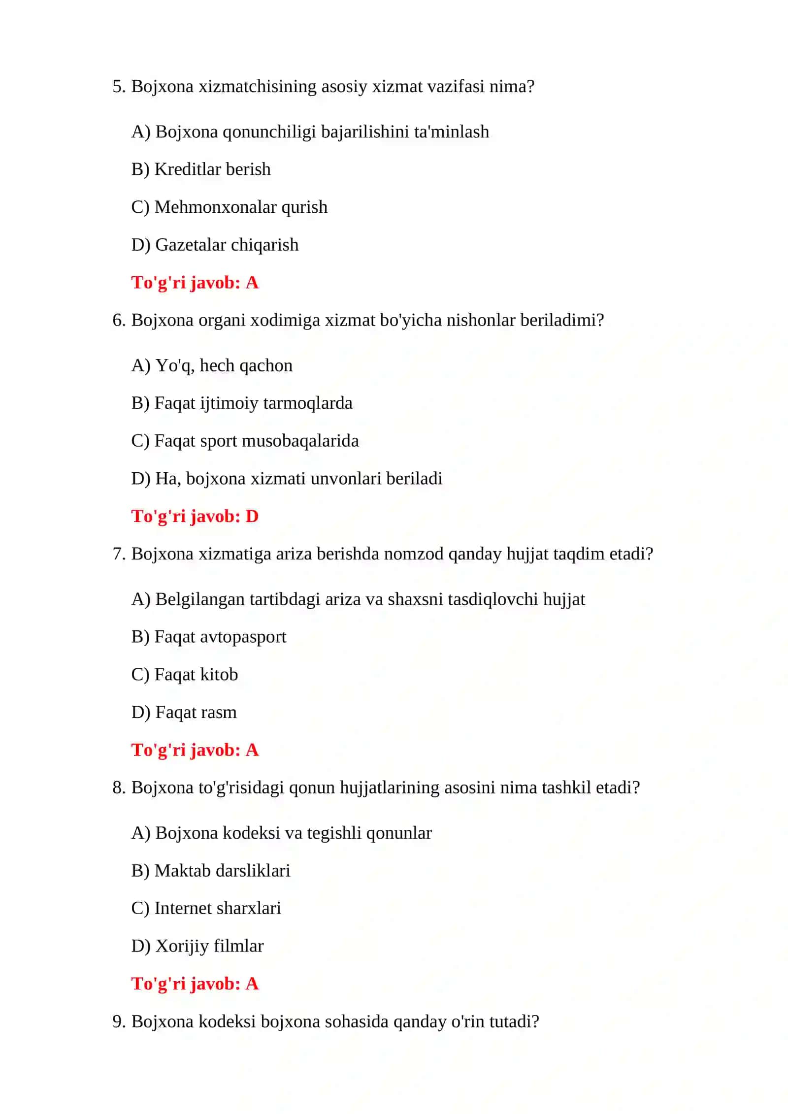 BOJXONA XIZMATI BO'YICHA TESTLAR 4