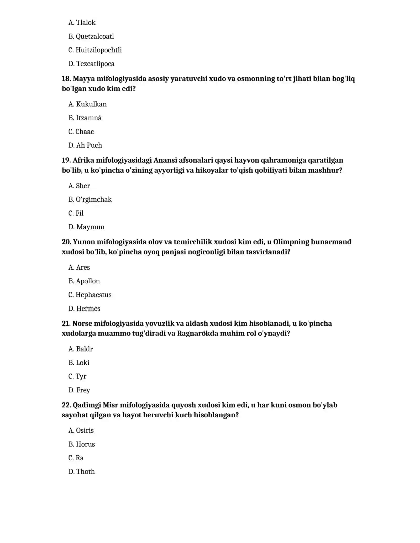 Dunyo xalqlari miflari. test. 4