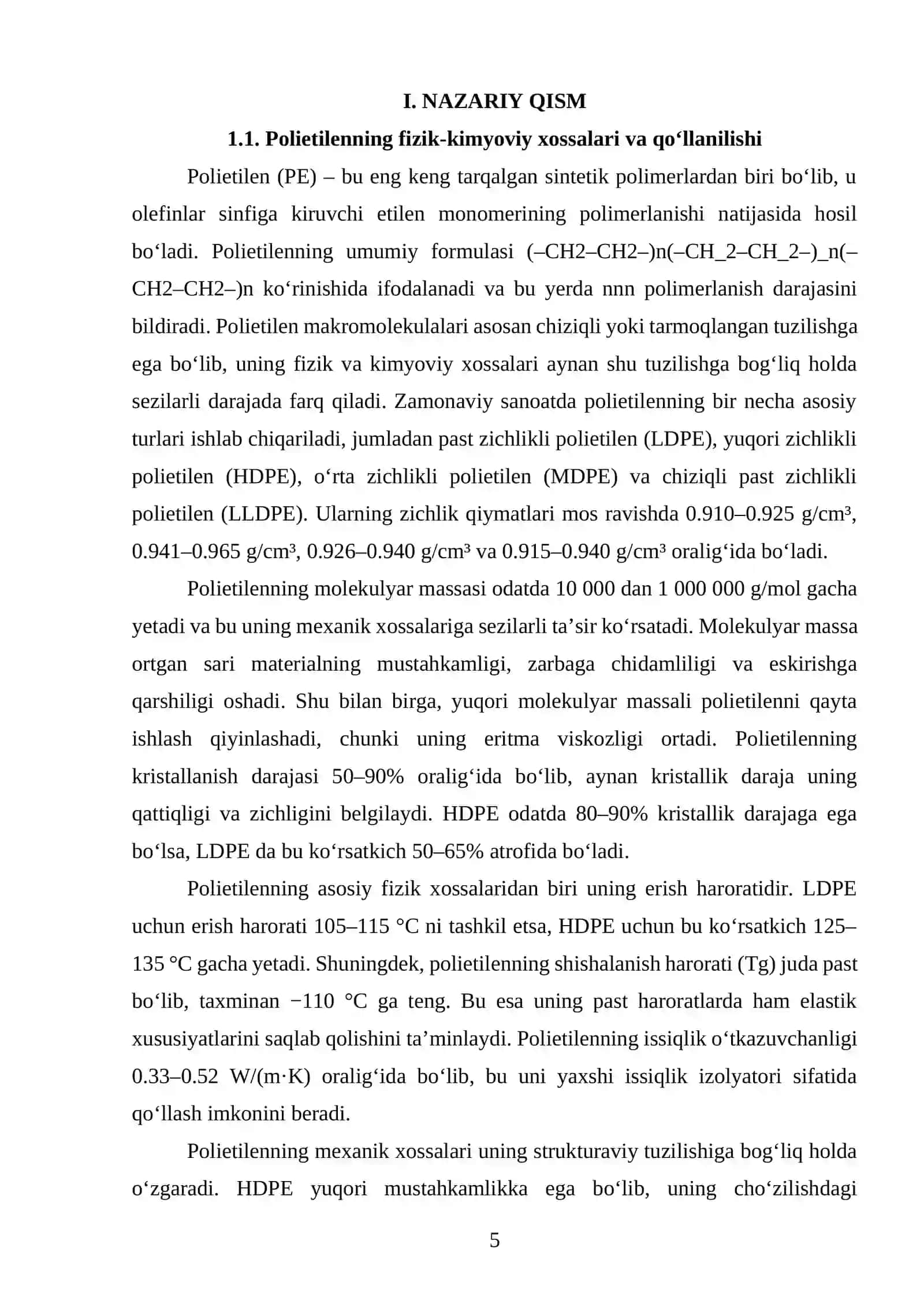 SKLERTEK texnologiyasi boʻyicha markasi F-Y240 boʻlgan PE ishlab chiqaradigan texnologik liniyasini loyihalash. Q=85000 t/yil 4