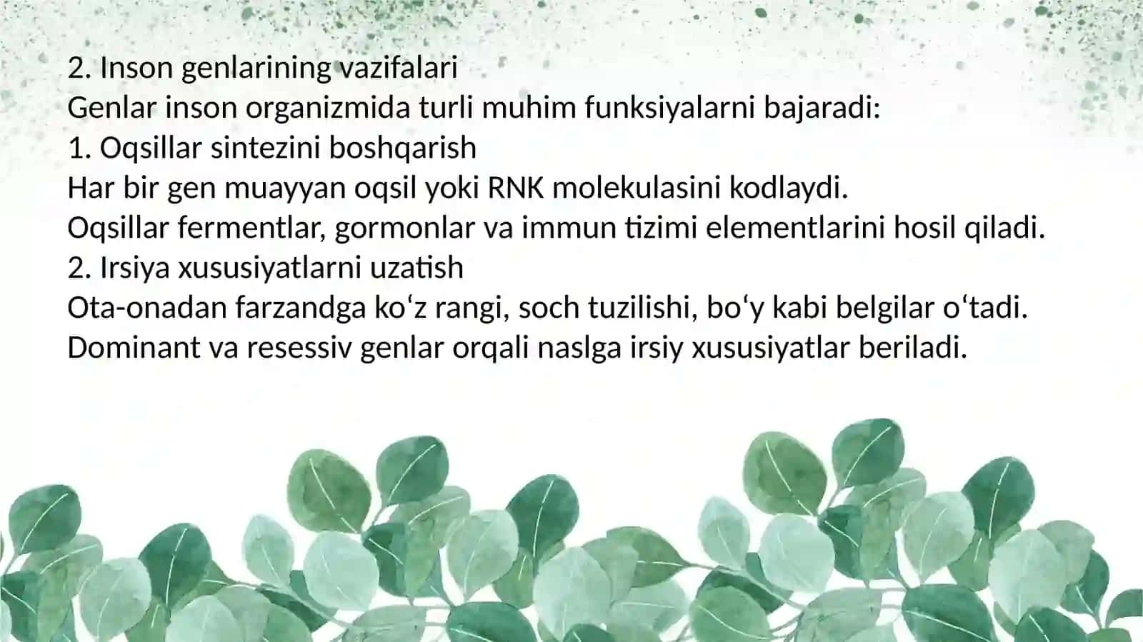 Insonda genlar tuzilishi va vazifalari. Monogen kasalliklar. Aminokislotalar almashinuvi buzilishi bilan kechuvchi kasalliklar (FKU, tirozinoz,Sistinoz, gomosistinuriya,alkaptonuriya).Uglevodlar almashinuvi buzilishi bilan kechuvchi kasalliklar (galaktozemiya, fruktozemiya, glikogenozlar) 4