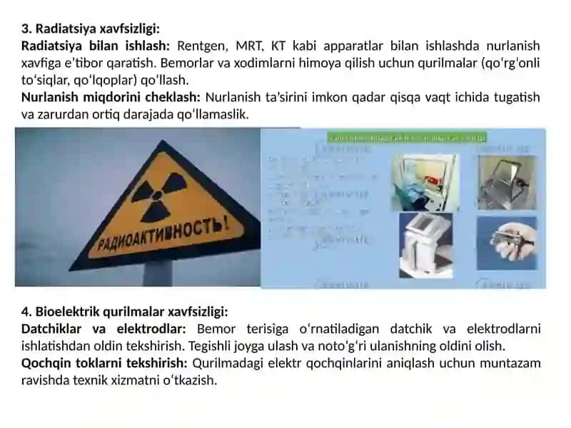Tibbiyot texnikalari bilan ishlashda texnika xavfsizlik qoidalari. Elektr tibbiyot qurilmalari va apparatlari bilan ishlash texnikalari 4
