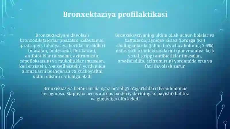 Bronxoektik kasallik, etiologiyasi,oĝiz bòshliĝida òziga xos òzgarishlar,davolash va profilaktikasi. Зарнигора🪽 4