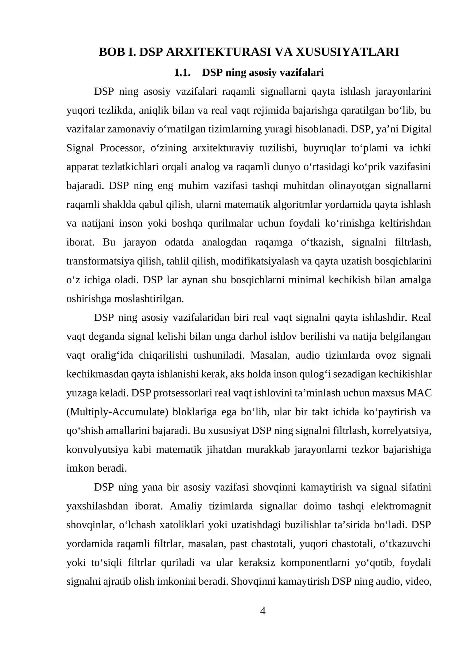 DSP ga asoslangan o'rnatilgan tizimlar mavzusidagi KURS ISHI 4