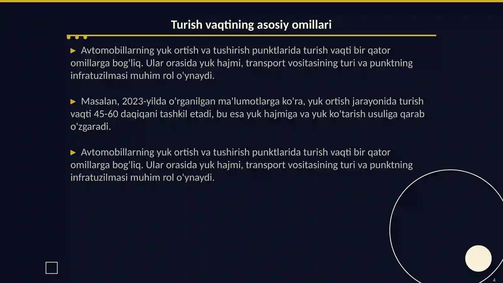 Avtomobillarning yuk ortish va tushirish punktlarida turish vaqti 4
