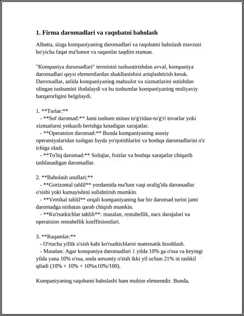 RAQOBATLASHGAN BOZORDA HARAKAT QILUVCHI FIRMA DAROMADLARI 4