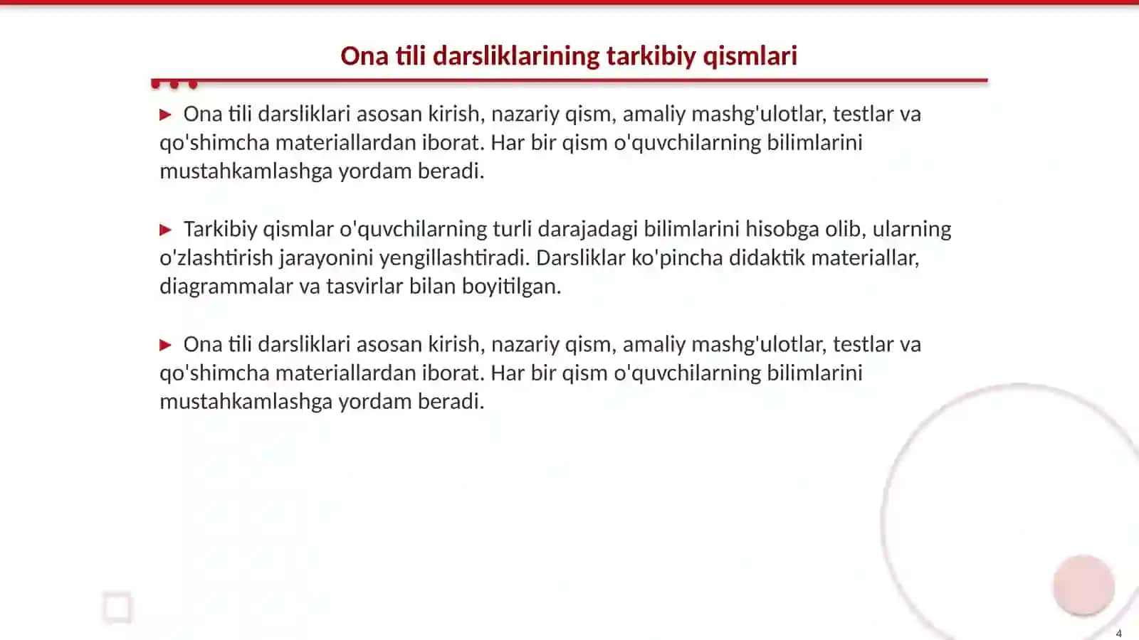 Ona tili darsliklarining tarkibi va mazmuni 4