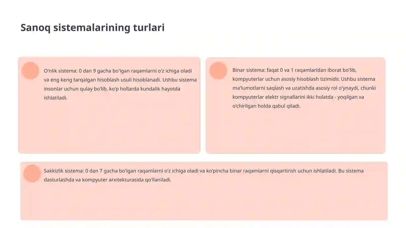 Raqamlarni kodlash va ular bilan ishlash sanoq sistemalari 4