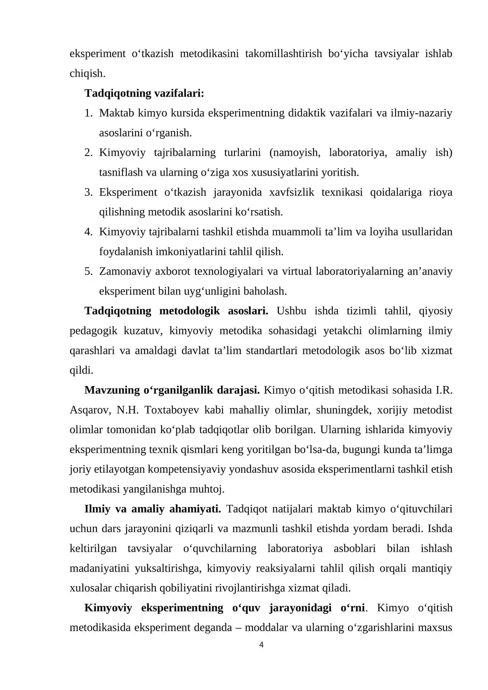 KURS ISHI. Umumiy ta'lim maktabida o'tqaziladigan kimyoviy eksperiment metodikasi 4