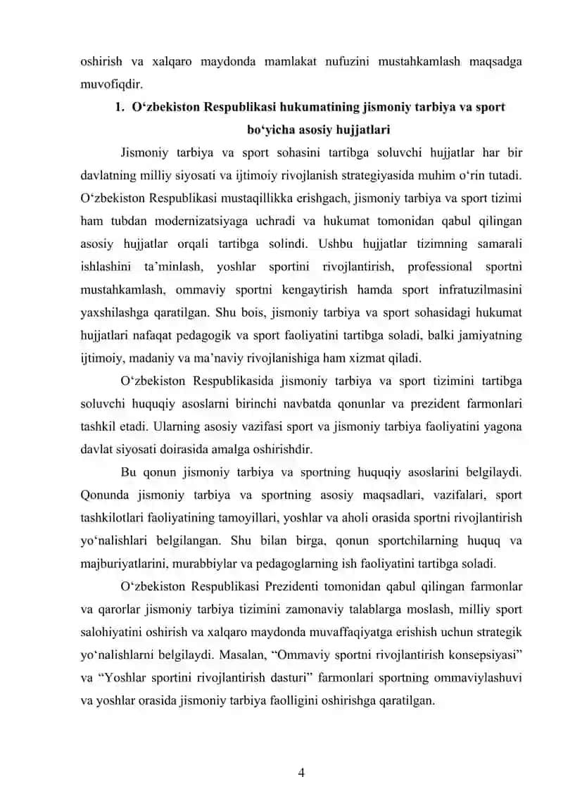 O'ZBEKISTON RESPUBLIKASI HUKUMATINING JISMONIY TARBIYA VA SPORT BO'YICHA QABUL QILGAN HUJJATLARINING AHAMIYATI 4