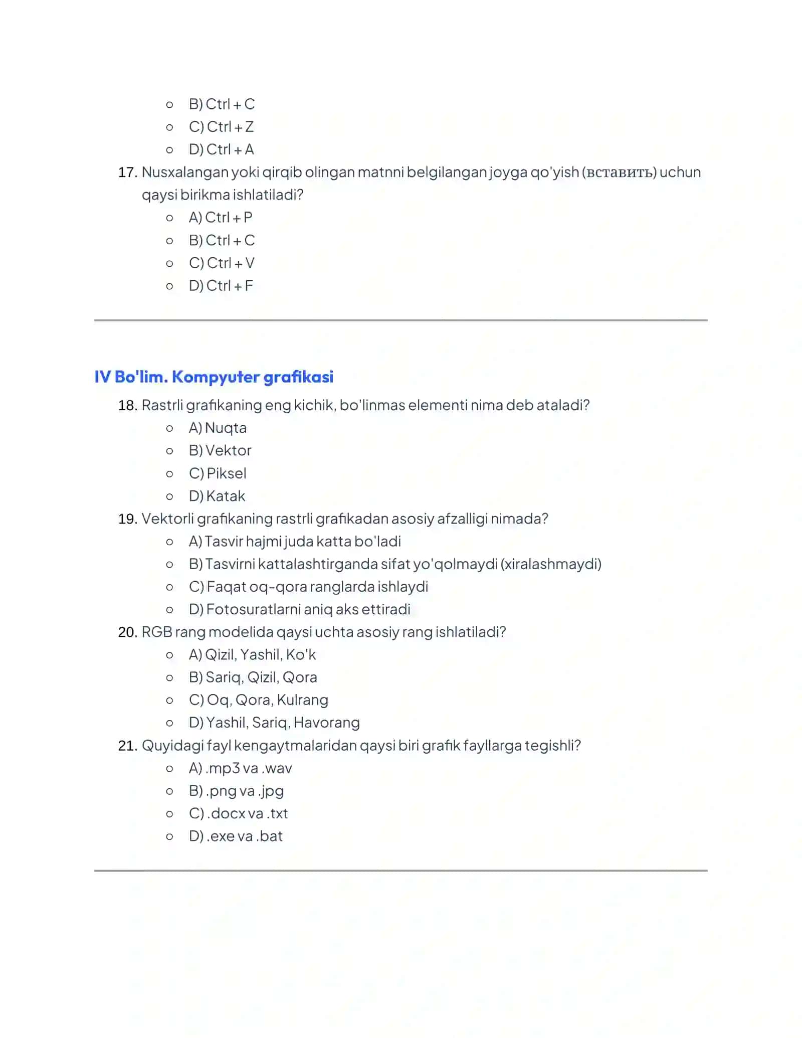 7-Sinf O'quvchilari Uchun Nazorat Test Savollari 4