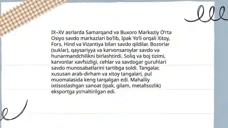 IX-XV asrlarda O'rta Osiyodagi iqtisodiy fikrlar.XIX asr o'rtalarida nomayondalar: Senior, BastiviyaMak-Kulloh va Kerilarning iqtisodiy qarashlarini tahlil qilish 4