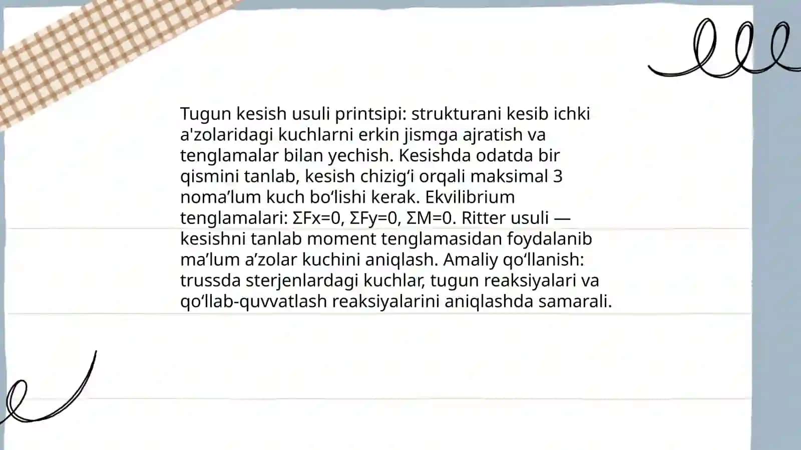 Ritter va tugun kesish usullari yordamida ferma sterjenlardagi reaksiya kuchlarini aniqlash 4