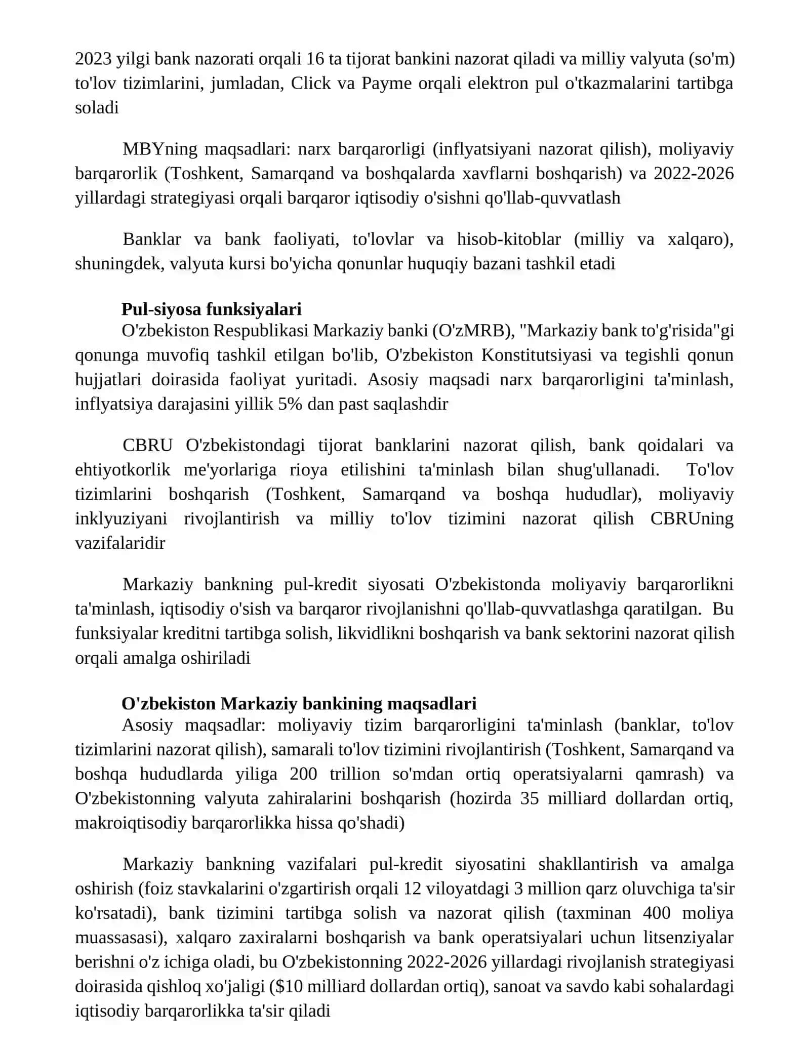 O'zbekiston Respublikasi Markaziy bankining huquqiy asoslari, maqsadi, vazifalari 4