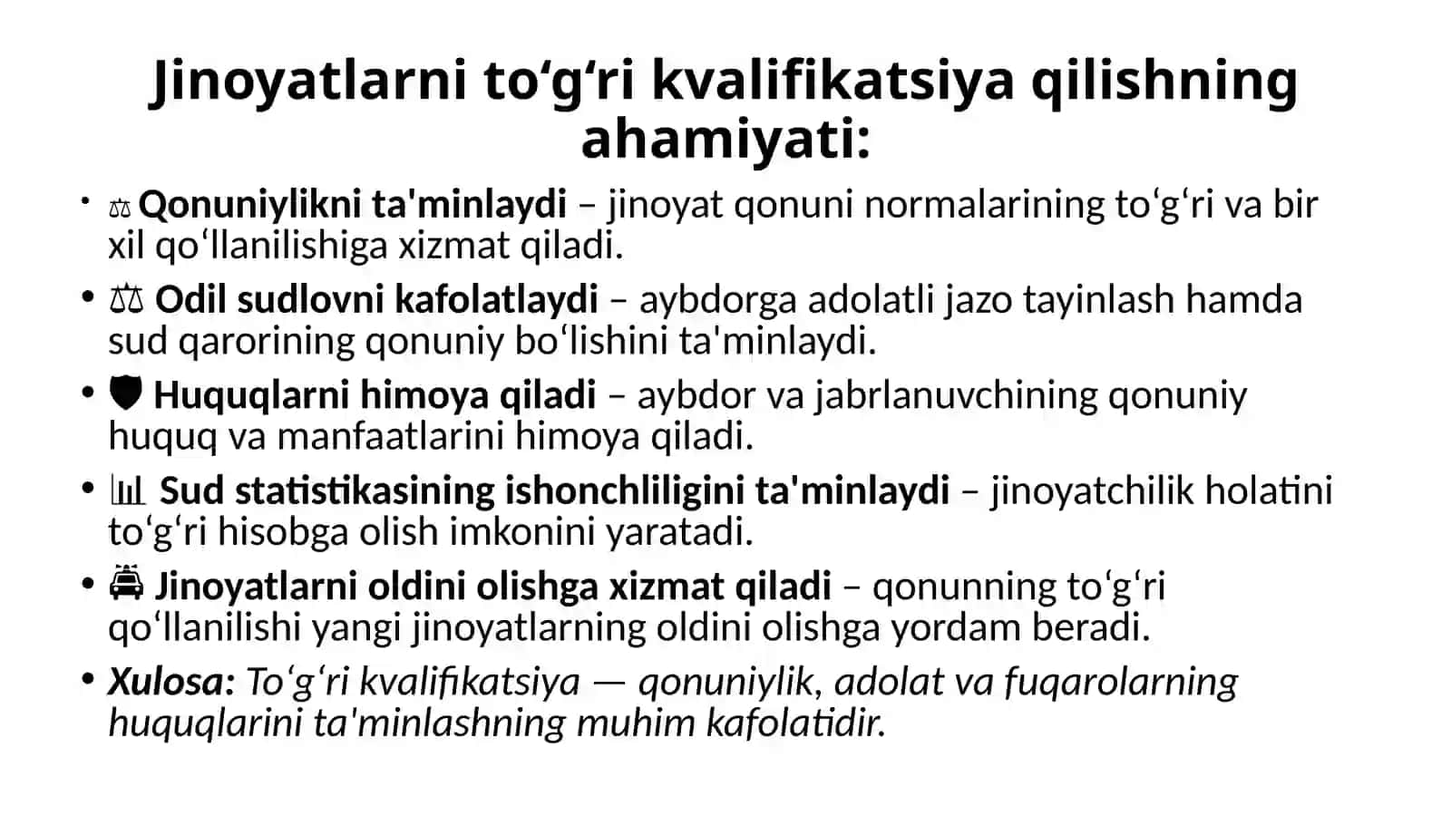 Jinoyatlarni kvalifikatsiya qilish tushunchasi  Mohiyati  Turlari  Bosqichlari  Mantiqiy usullari  Ahamiyati 4