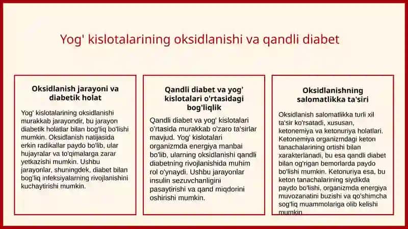 Lipidlarni peroksidlanishi, yog' kislotalarii oksidlanishi va qandli diabet, ketonuriya, ketonemiya 4